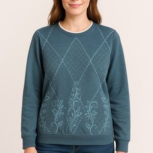 Alfred Dunner Blue Embroidered Argyle Floral Sweatshirt Pullover Women’s M